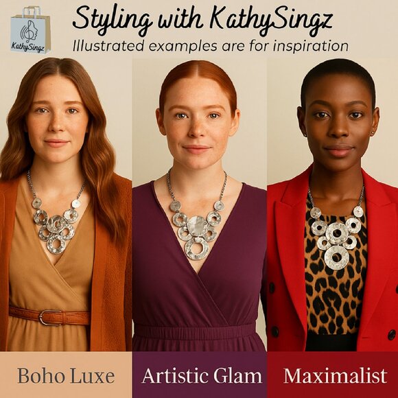 Chicos Hammered Disc Bib Necklace 17 to 20in Silver Tone Statement Chain - Picture 3 of 15